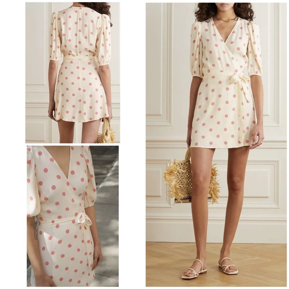 NWT REFORMATION Olince Polka Dot Cream Pink Crepe Wrap Mini Dress XS​​​